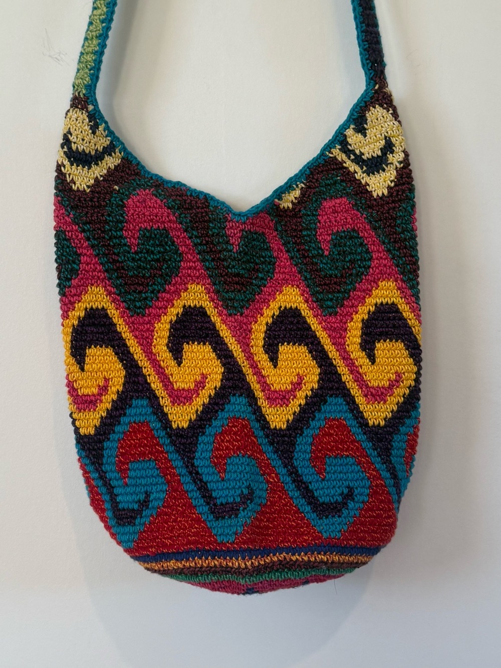 Vintage Authentic Columbian Mochila Crochet Shoulder Bag Boho Geometric Tapestry - Picture 2 of 7